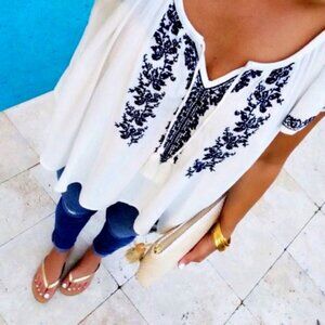 White & Blue Boho Embroidered Top/Blouse size L